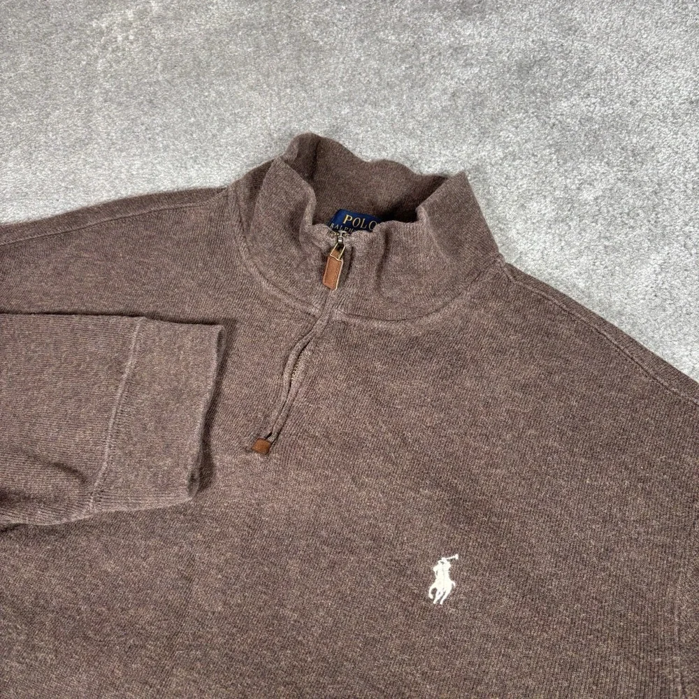 Polo Ralph Lauren 1/4 Zip Sweater Mens 2XL‎ Pullover Brown Knit Cotton Preppy
